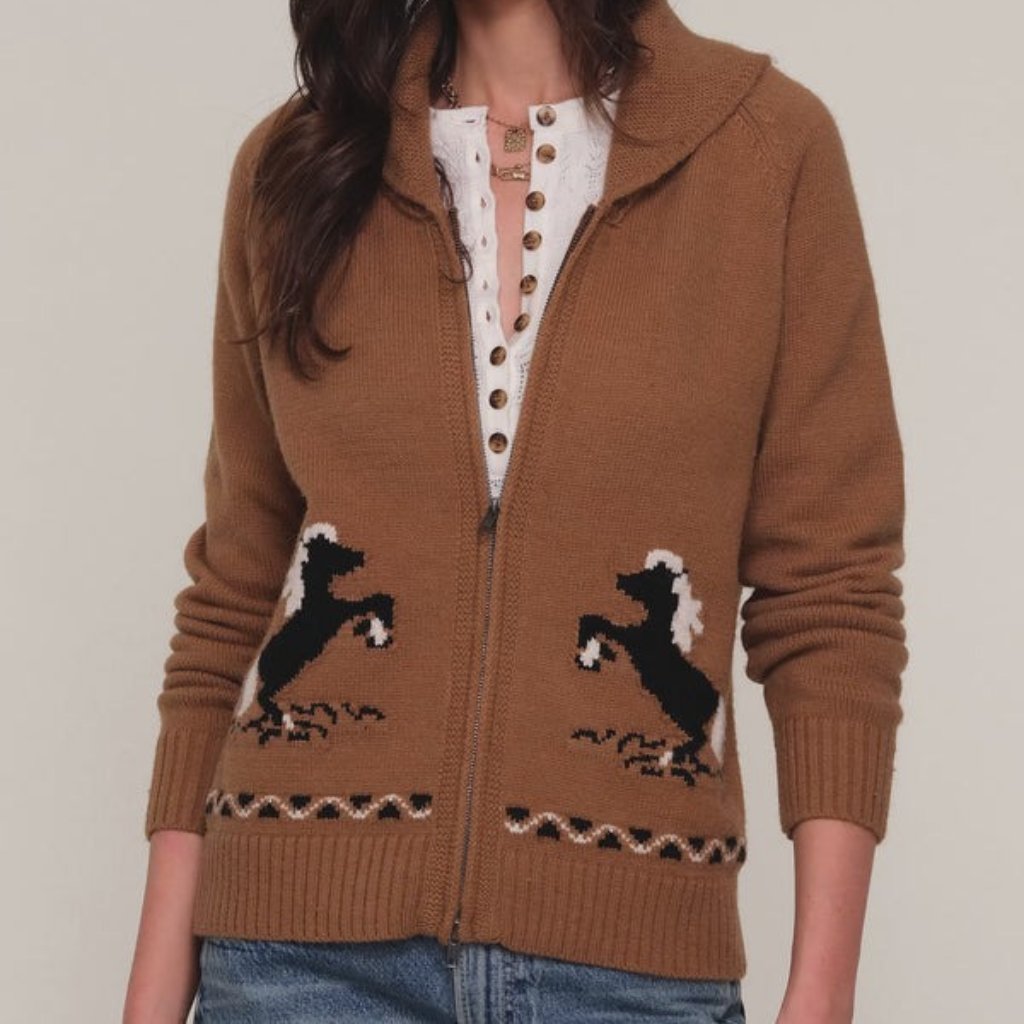 Heartloom Brown Zip-Up Cardigan With Black And White Horse Motif